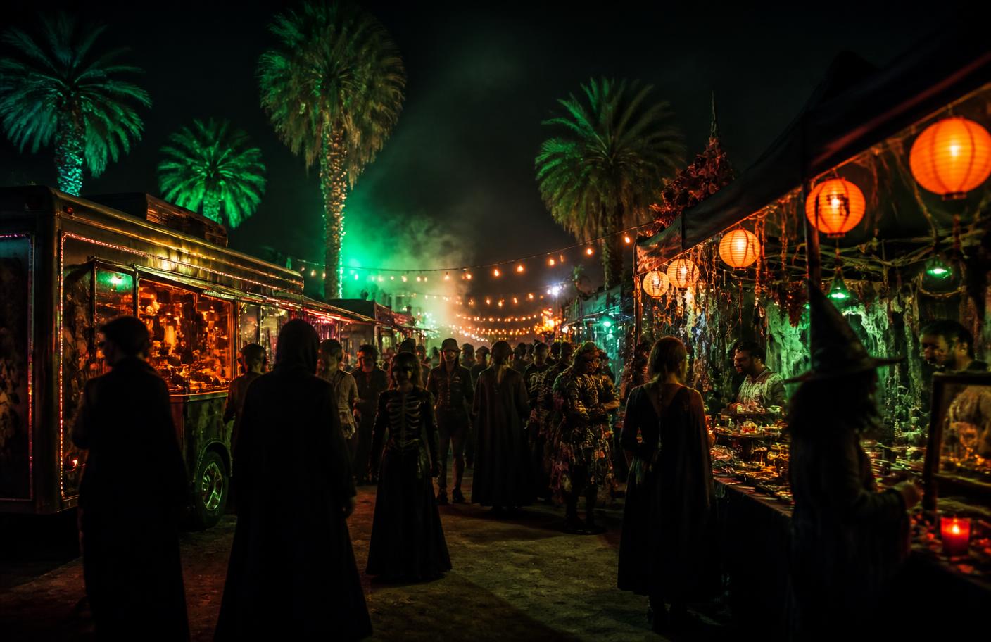 Costumed attendees browsing lantern-lit vendor stalls