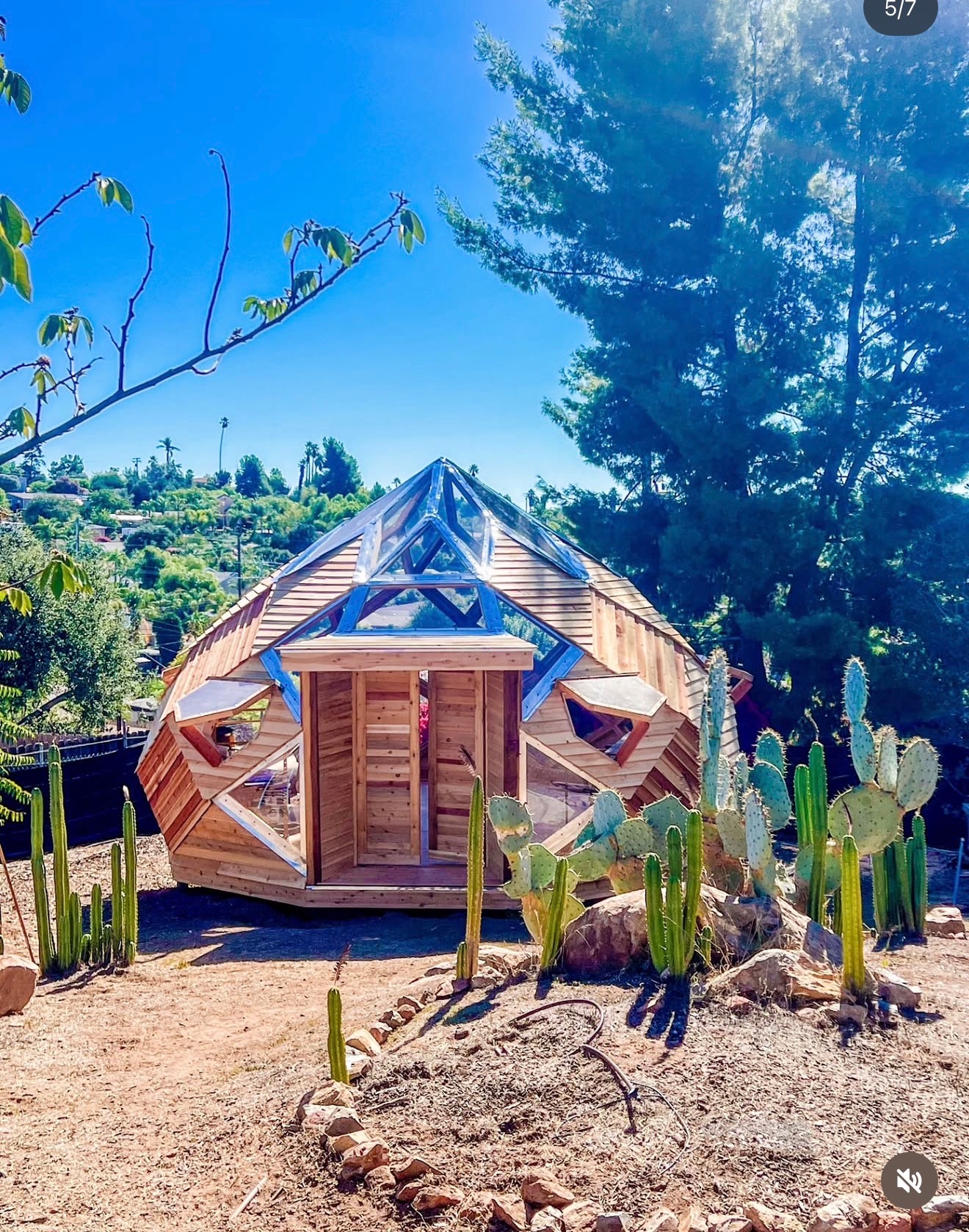 A built zome structure — warm wood, natural light