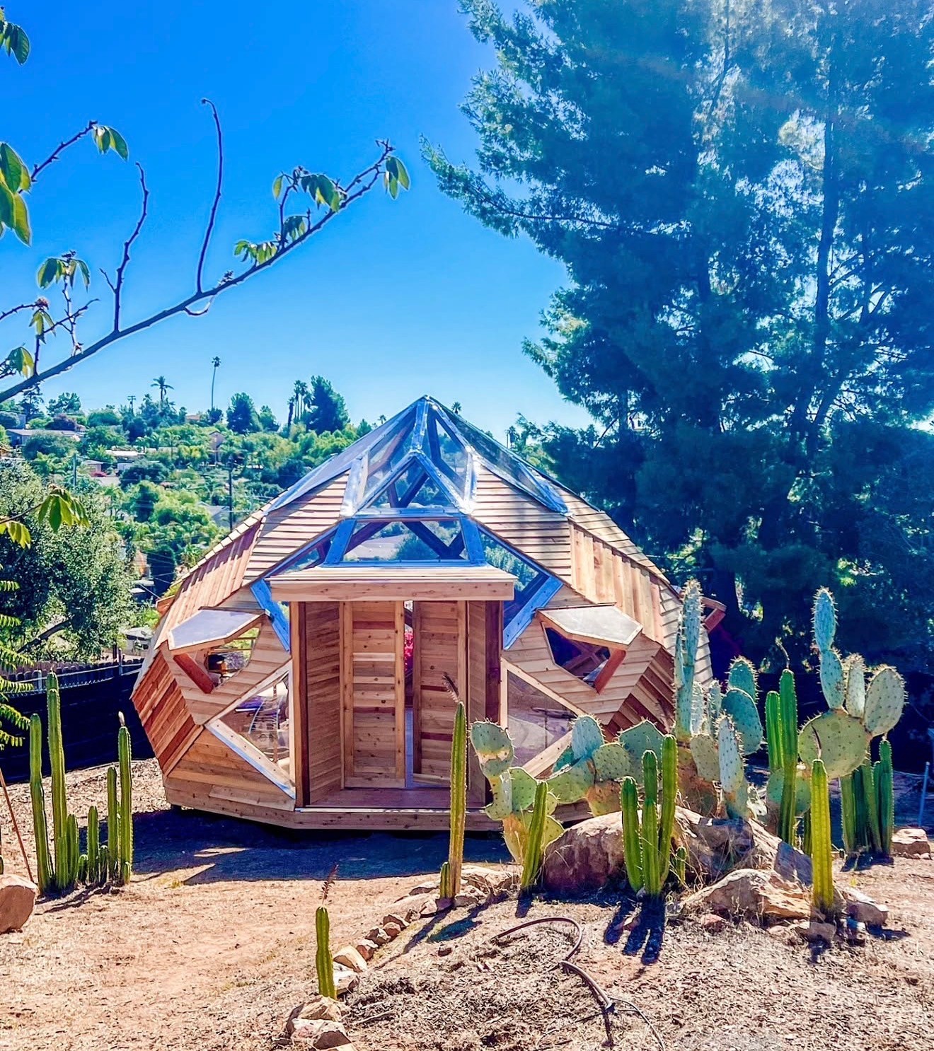 A completed Trillium zonohedron dome, cedar panels and glass skylights, standing on open ground