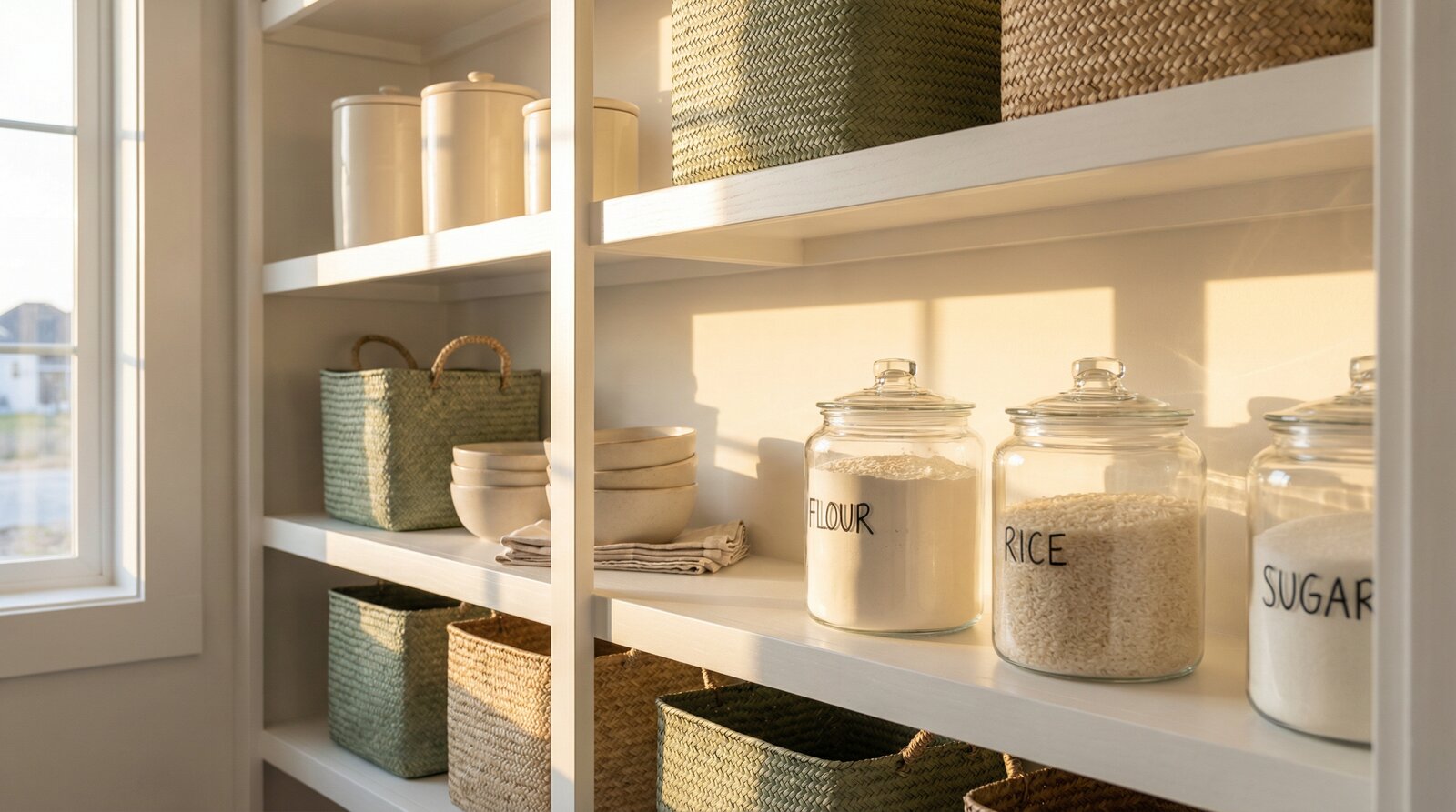 Beautifully organized pantry with warm natural light