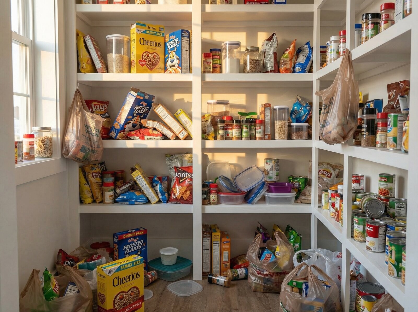 Cluttered pantry before Pure Space Organizers