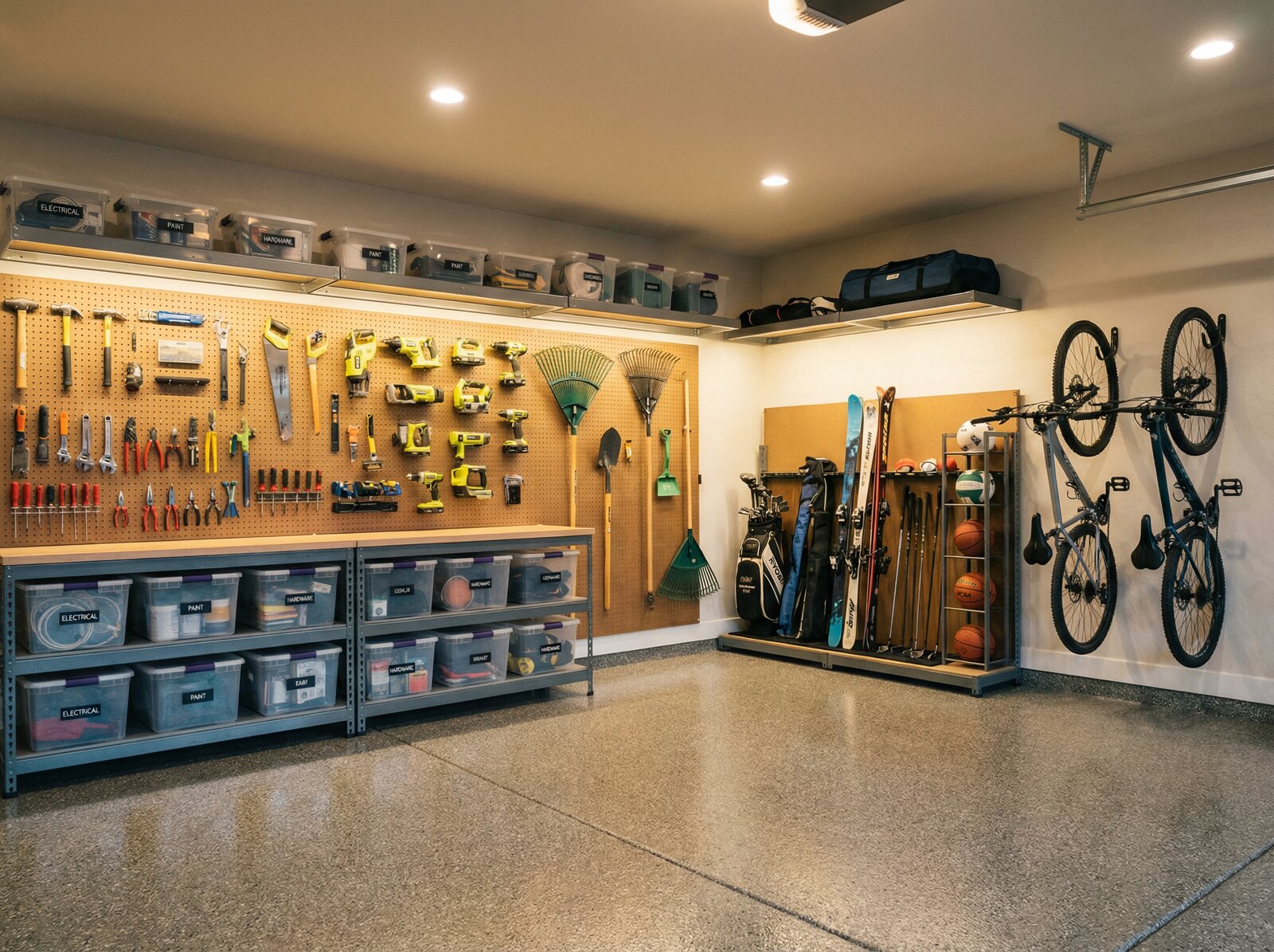 Well-organized garage with labeled storage