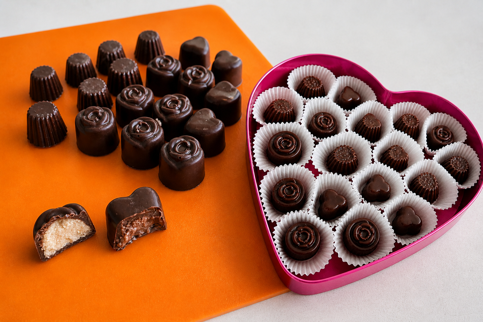 Homemade assorted chocolates in heart and rose shapes with creamy fillings displayed in a pink heart-shaped box.