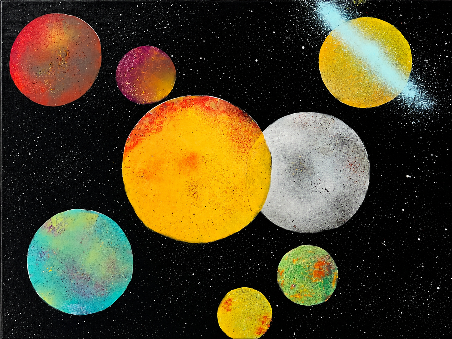 Family galaxy canvas featuring colorful planets that represent each member of our family, created as a spray paint art project by Mariposas LLC.