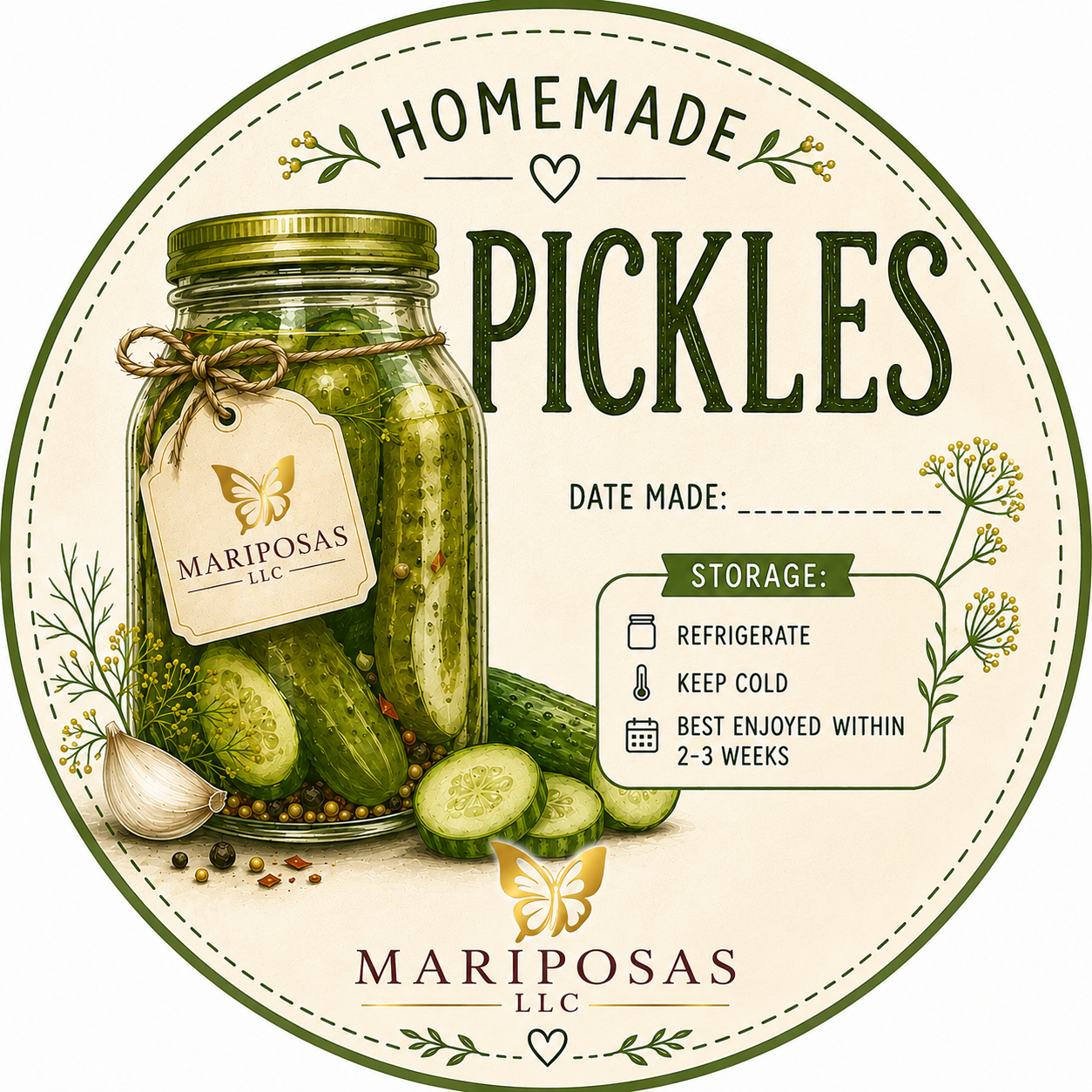 Printable homemade refrigerator pickle label by Mariposas LLC with date made and refrigerator storage instructions Printable homemade refrigerator pickle label by Mariposas LLC with date made and refrigerator storage instructions