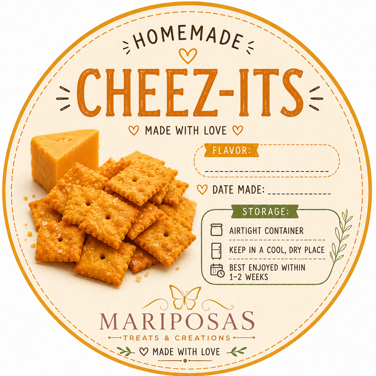 Printable homemade Cheez-It recipe card with ingredients, storage tips and customizable flavor ideas from Mariposas LLC