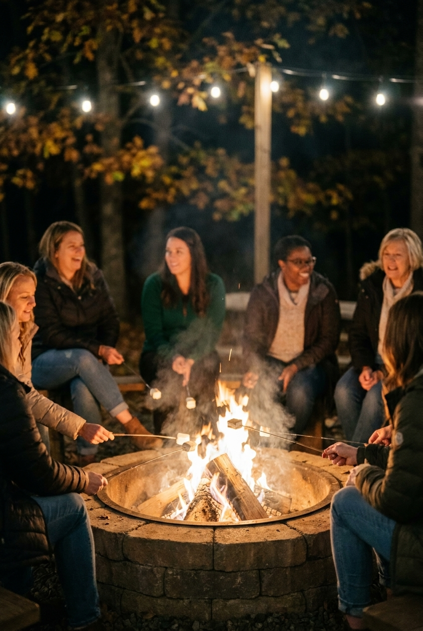 Women gathered around a campfire at the retreat