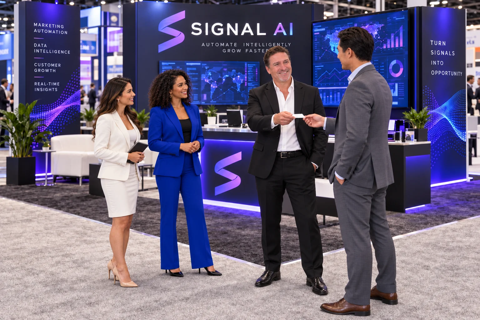 Barry Bradham brand imagery showing a trade-show conversation