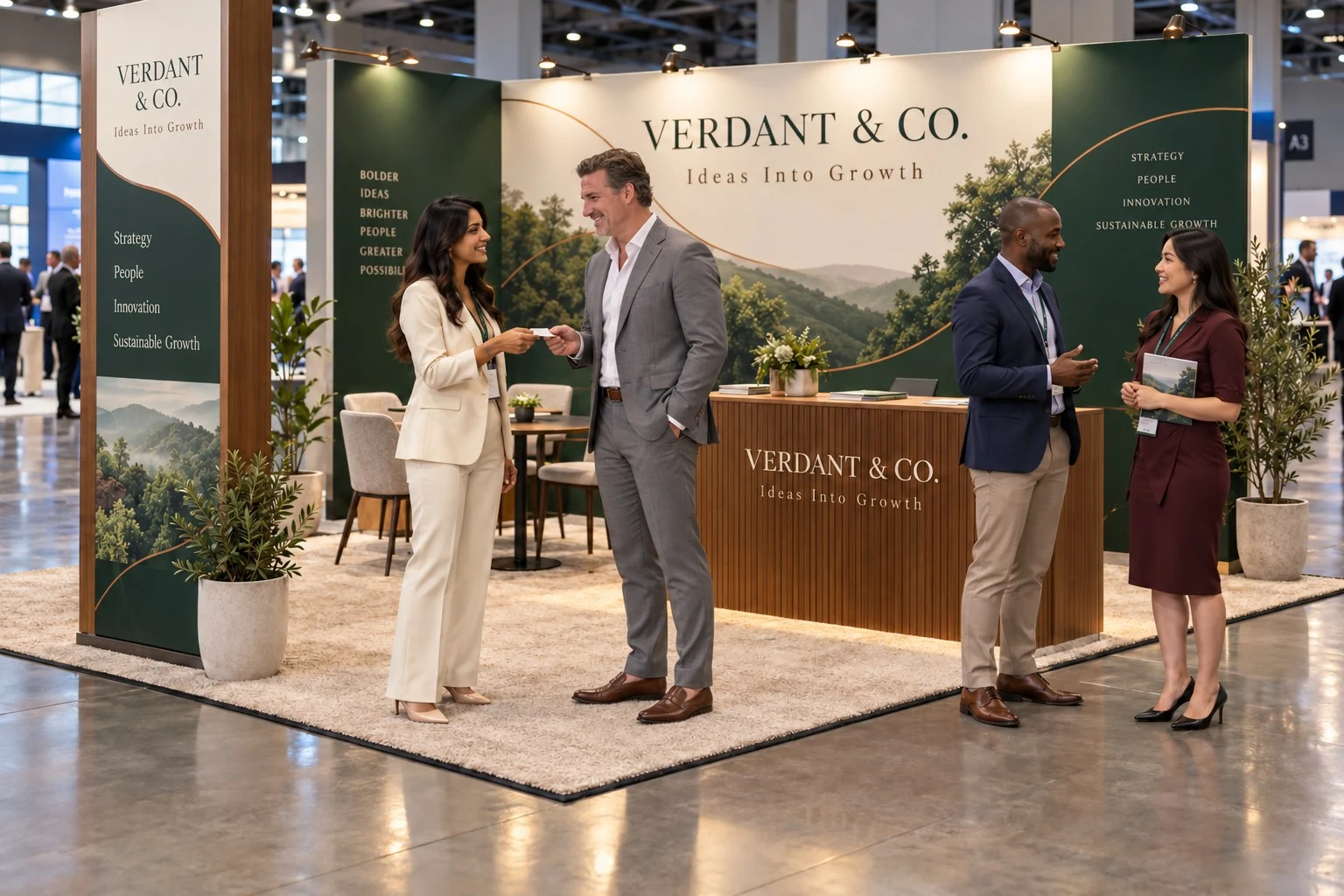 Barry Bradham brand imagery: conversation at a trade-show booth