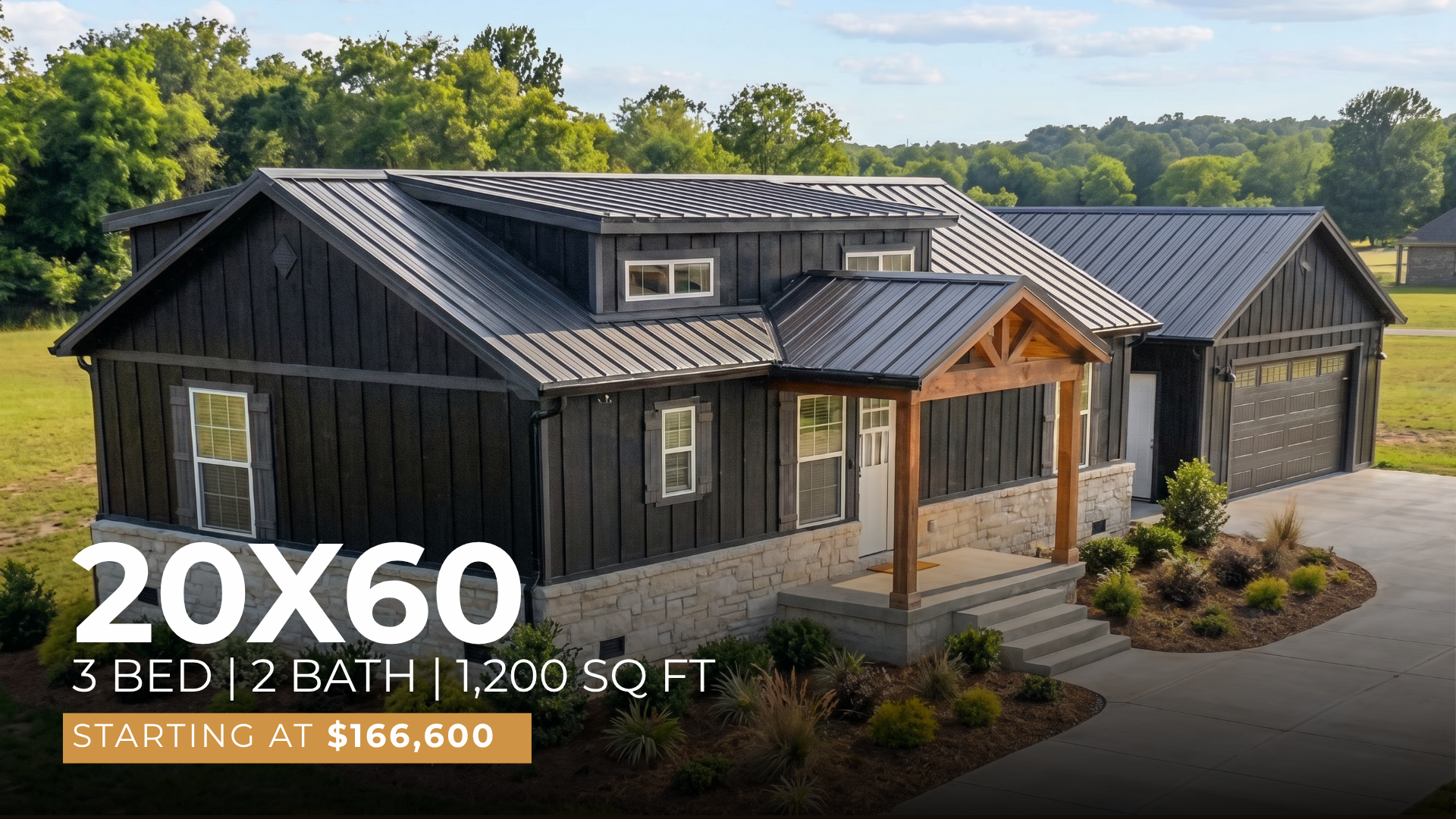 The 20x60 modular home exterior — Saddlebrooke Homes, Texas.
