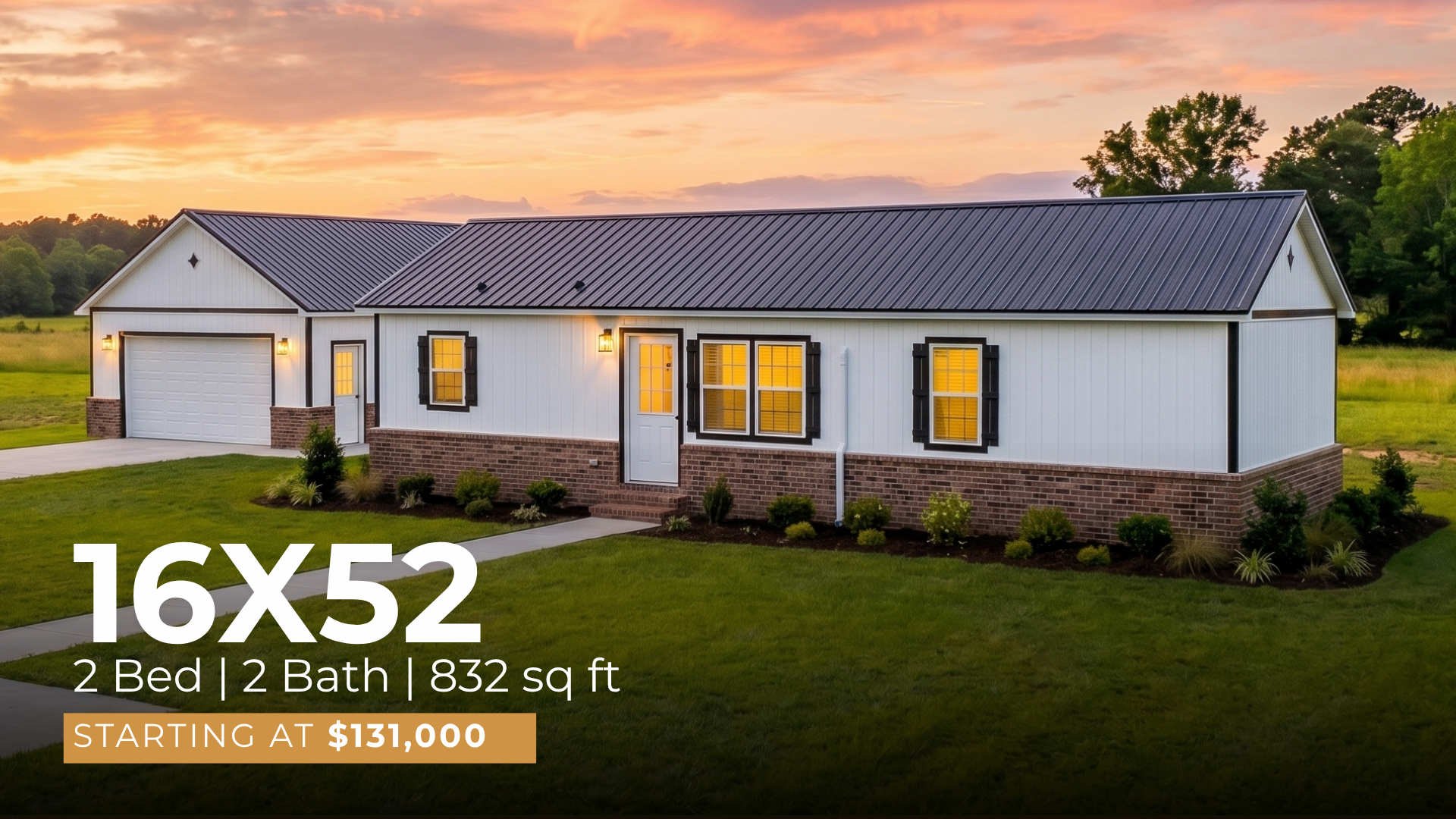 The 16x52 modular home exterior — Saddlebrooke Homes, Texas.