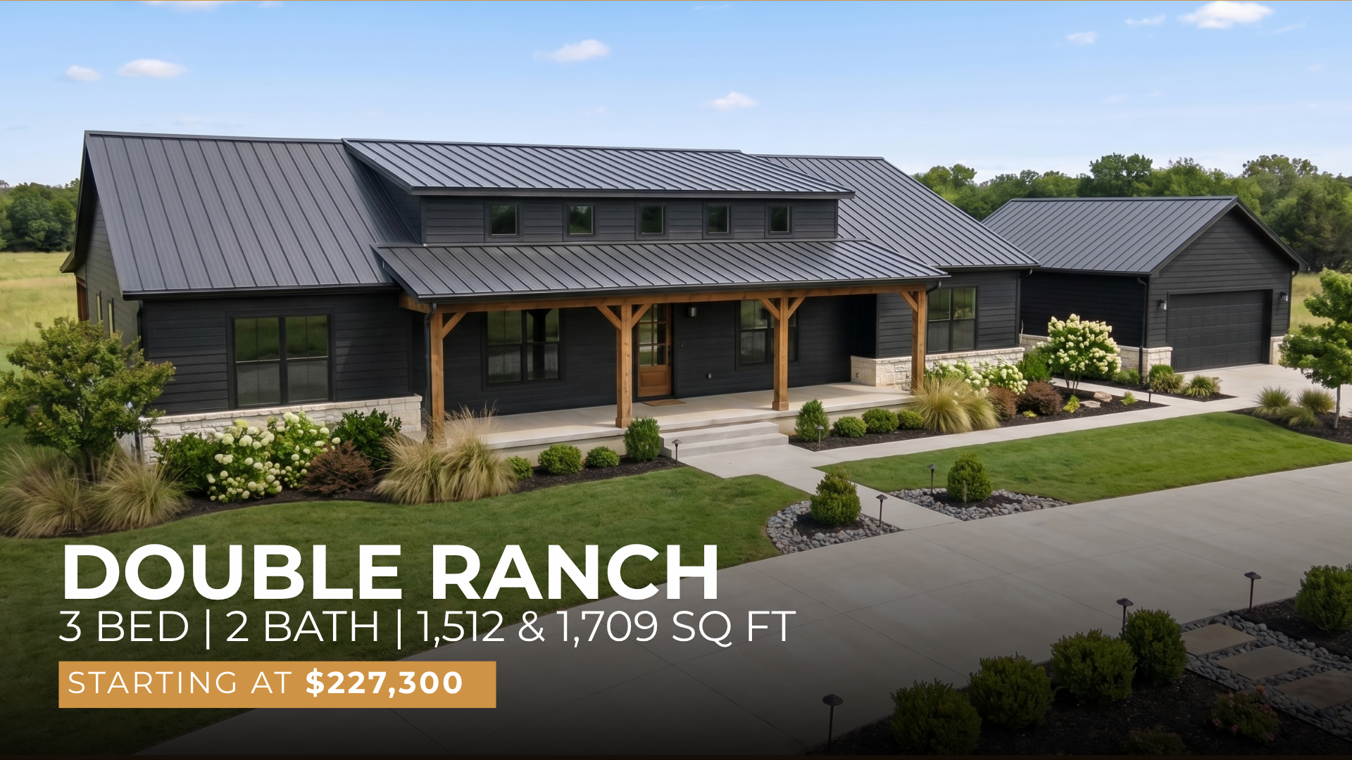 Double Ranch modular home exterior — Saddlebrooke Homes, Texas.
