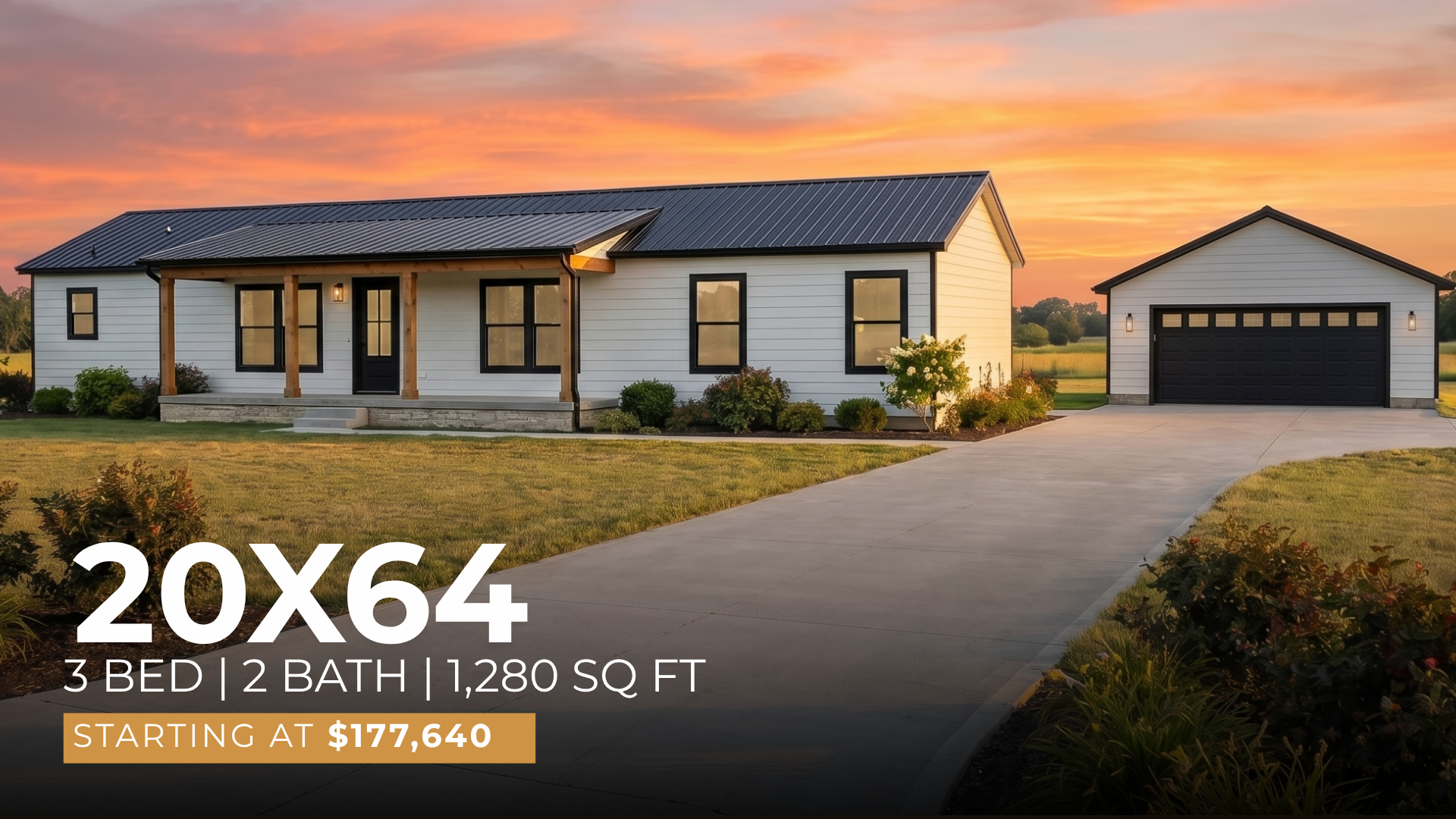 The 20x64 modular home exterior — Saddlebrooke Homes, Texas.
