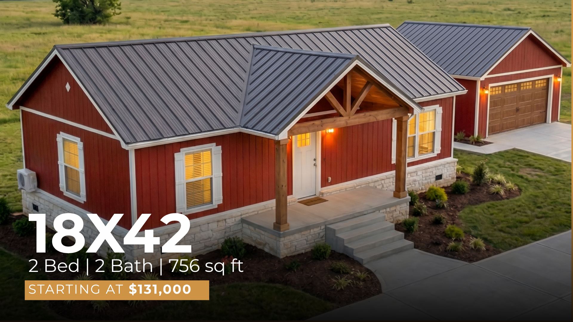 The 18x42 modular home exterior — Saddlebrooke Homes, Texas.