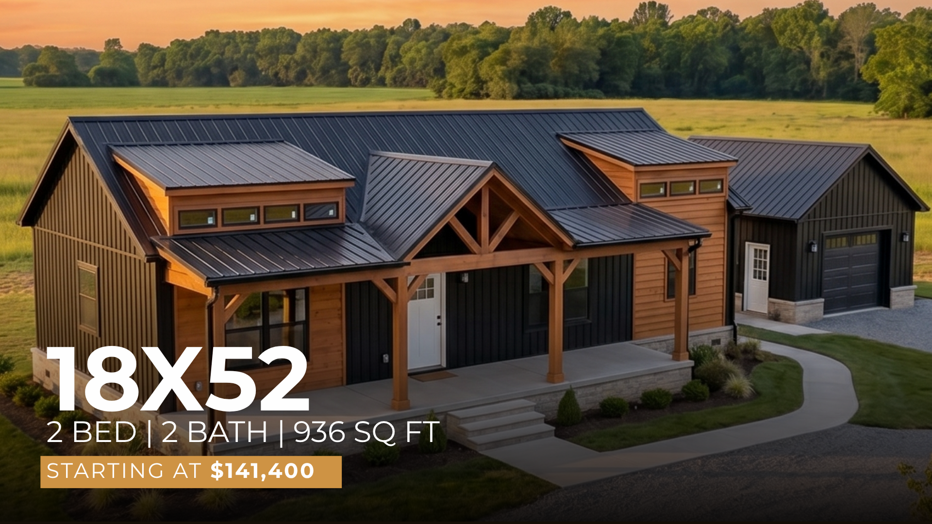 The 18x52 modular home exterior — Saddlebrooke Homes, Texas.
