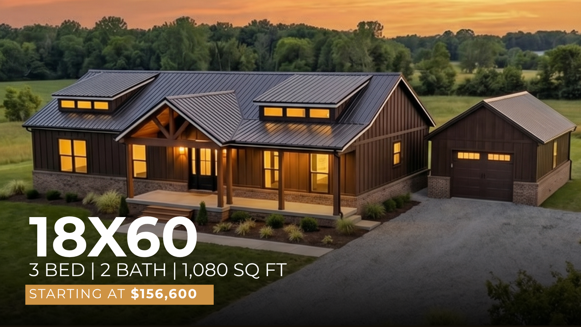 The 18x60 modular home exterior — Saddlebrooke Homes, Texas.