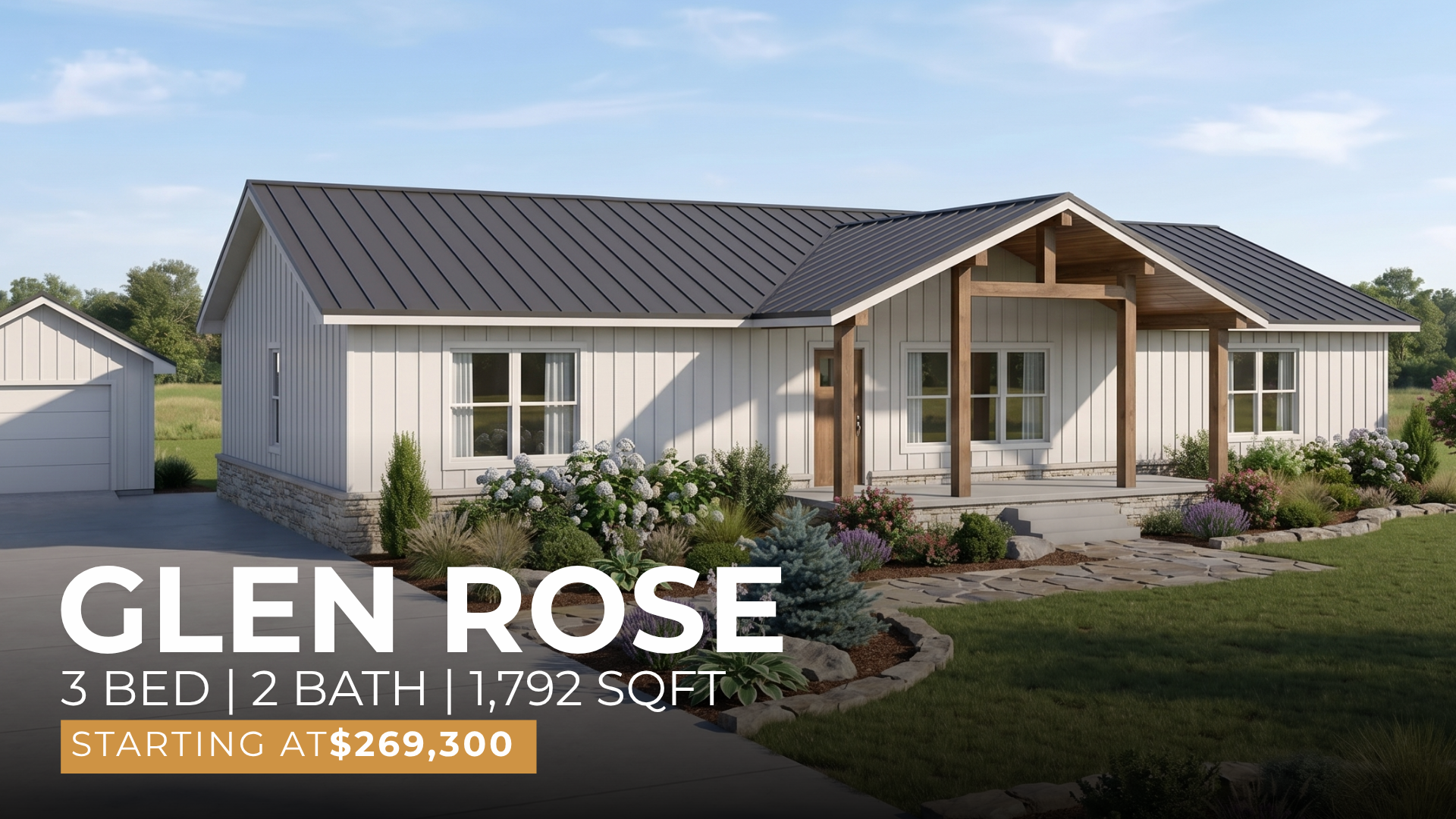 Glen Rose modular home exterior — Saddlebrooke Homes, Texas.