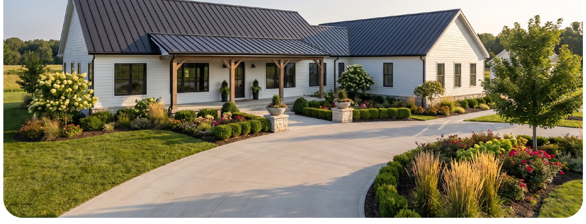 A completed Saddlebrooke home on a Texas property at sunset.