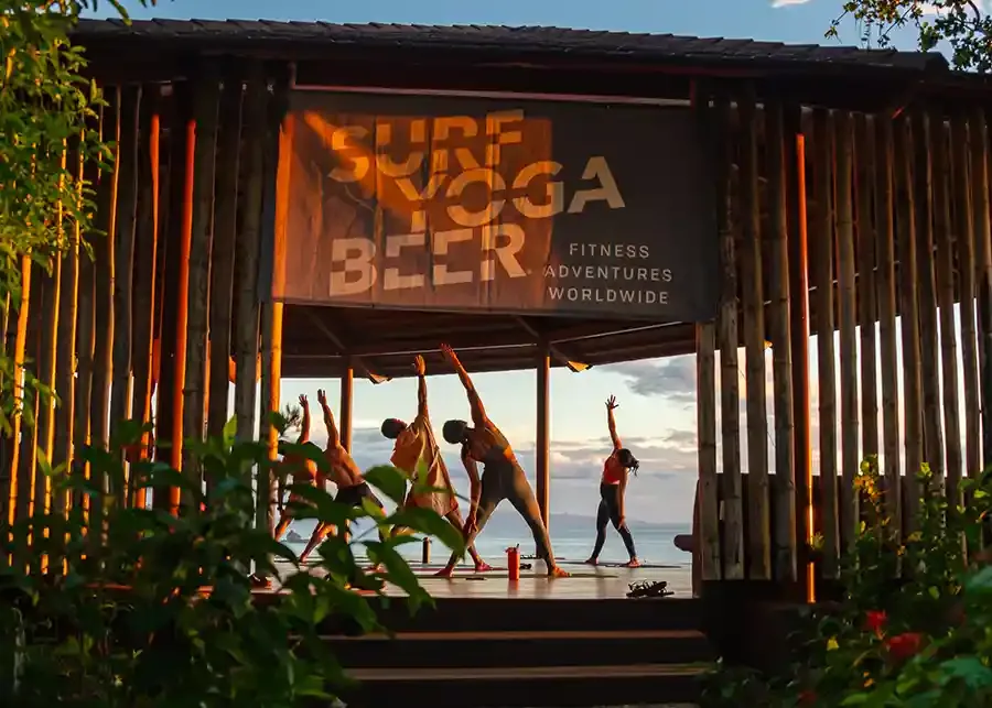The Surf Yoga Beer pavilion lit up at night