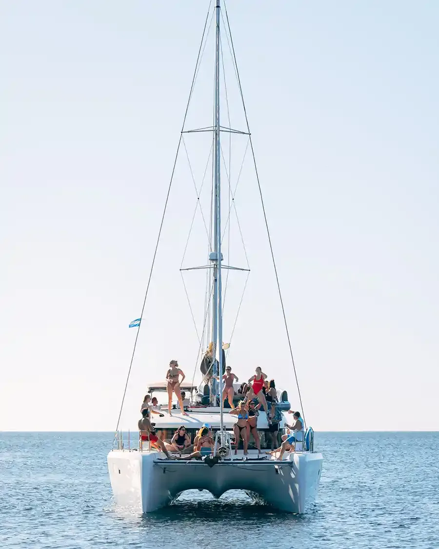 The catamaran under full sail on the Pacific