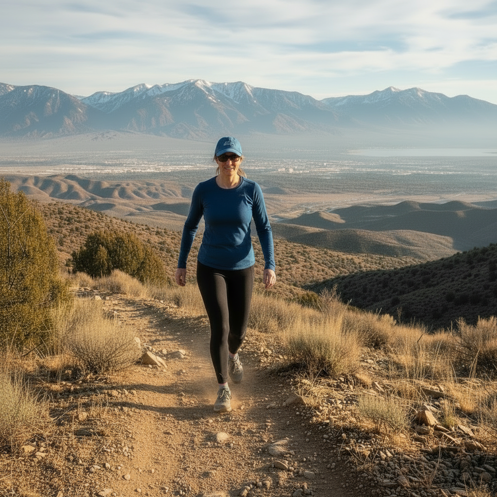 Active adult woman walking briskly on a trail in Utah for Zone 2 cardio training Active adult woman walking briskly on a trail in Utah for Zone 2 cardio training