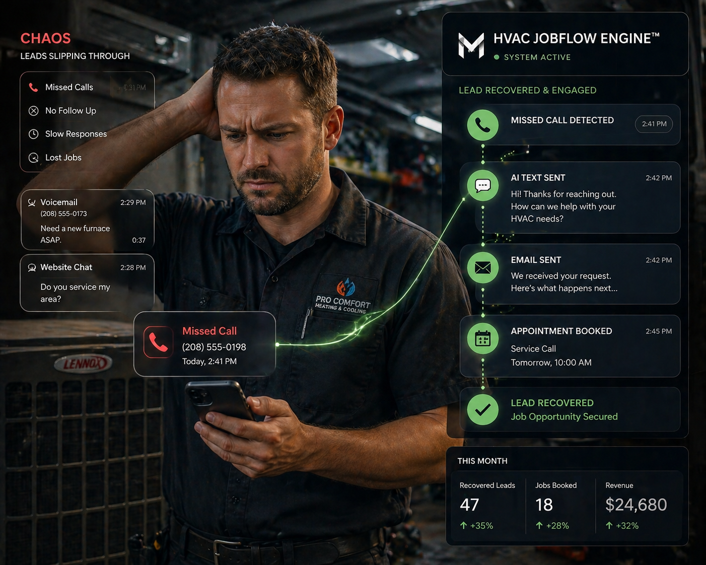 HVAC technician with missed call and automation overlay