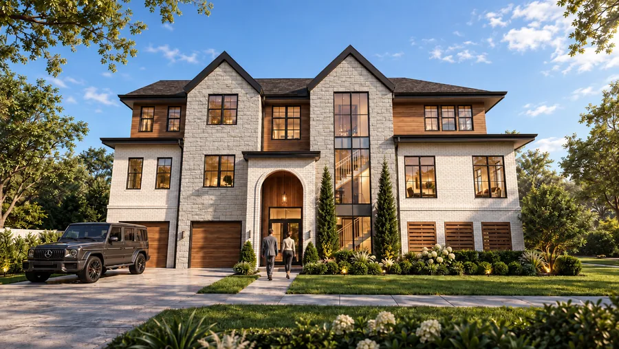 Rendering of the front of Gardenia Residence: a brick home with steep gables, an arched entry and a tall window bay