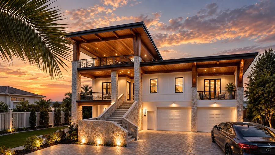 Rendering of Sunset Overlook Residence at dusk: a raised two-story home with stone piers, a covered upper deck and an outdoor stair to the entry