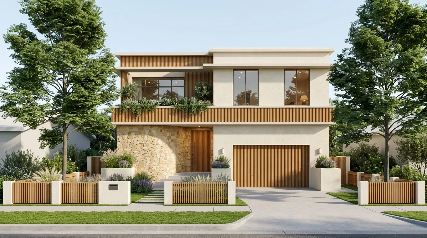 Rendering of the front of Shore Acres Moderne: a two-story home under a flat roof, with a curved stone wall at the entry, a band of wood slats across the facade and a slatted garage door