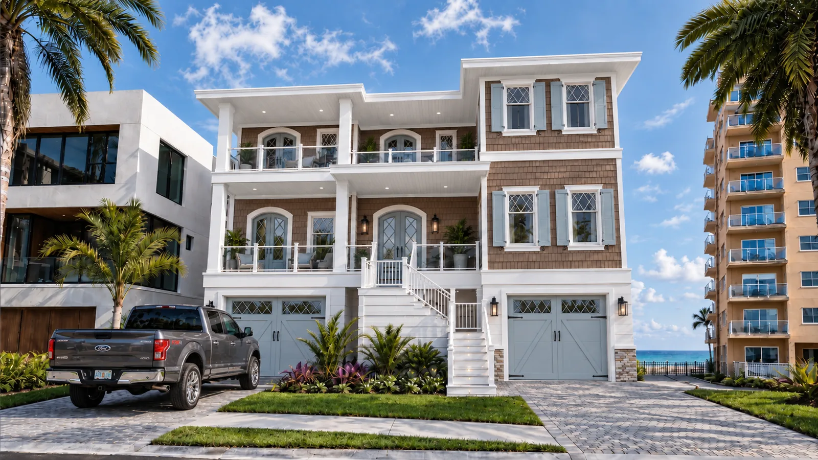 Rendering of the front of Bair Beach House: a white three-story beach house with a stair to a raised porch, balconies and two garage doors between palms