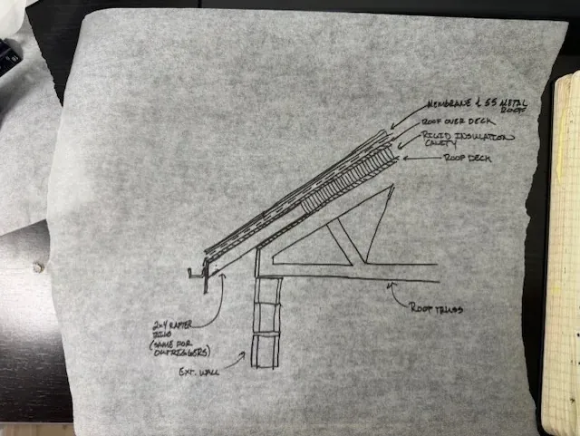 A pencil detail sketch on tracing paper of a roof edge over a truss, its layers labelled by hand
