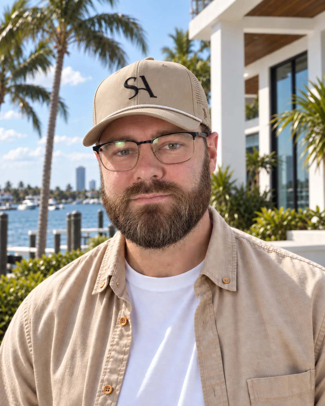 Portrait of Wesley Davis, in a cap and glasses, palms and a marina behind him