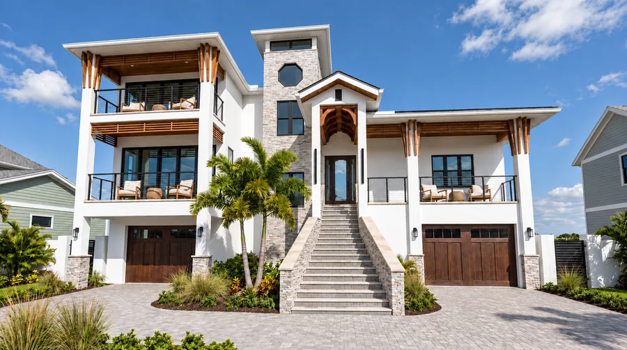 Rendering of the front of Belle Vista Bay Residence: a white three-story home with a central stair up to the entry, covered balconies and two wood garage doors