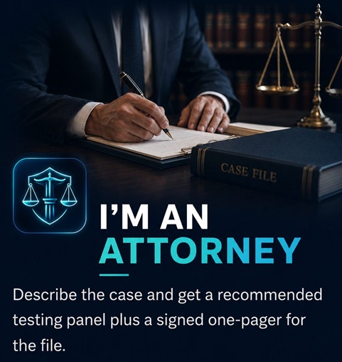 I'm an attorney — describe the case and get a recommended testing panel