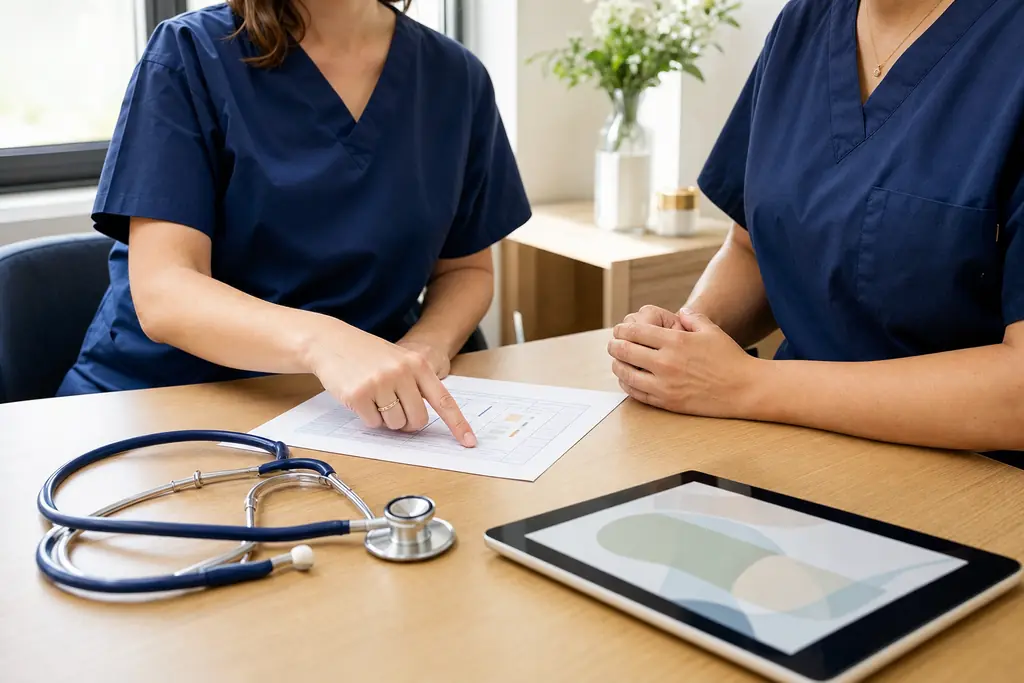 Two clinicians reviewing a patient referral together