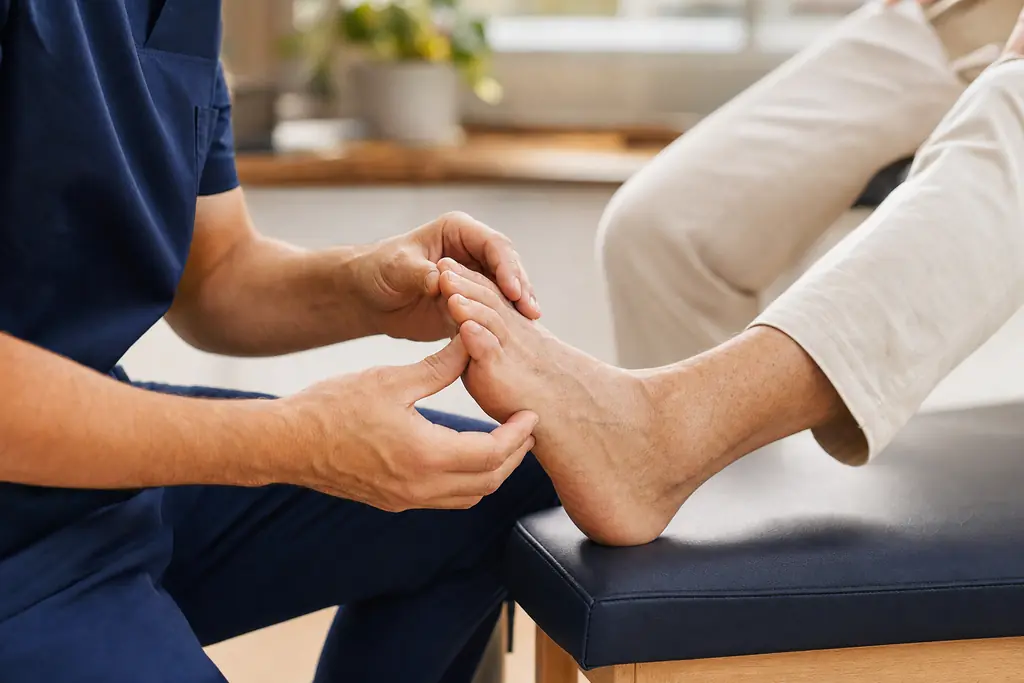Physician gently examining a patient’s foot and big-toe joint