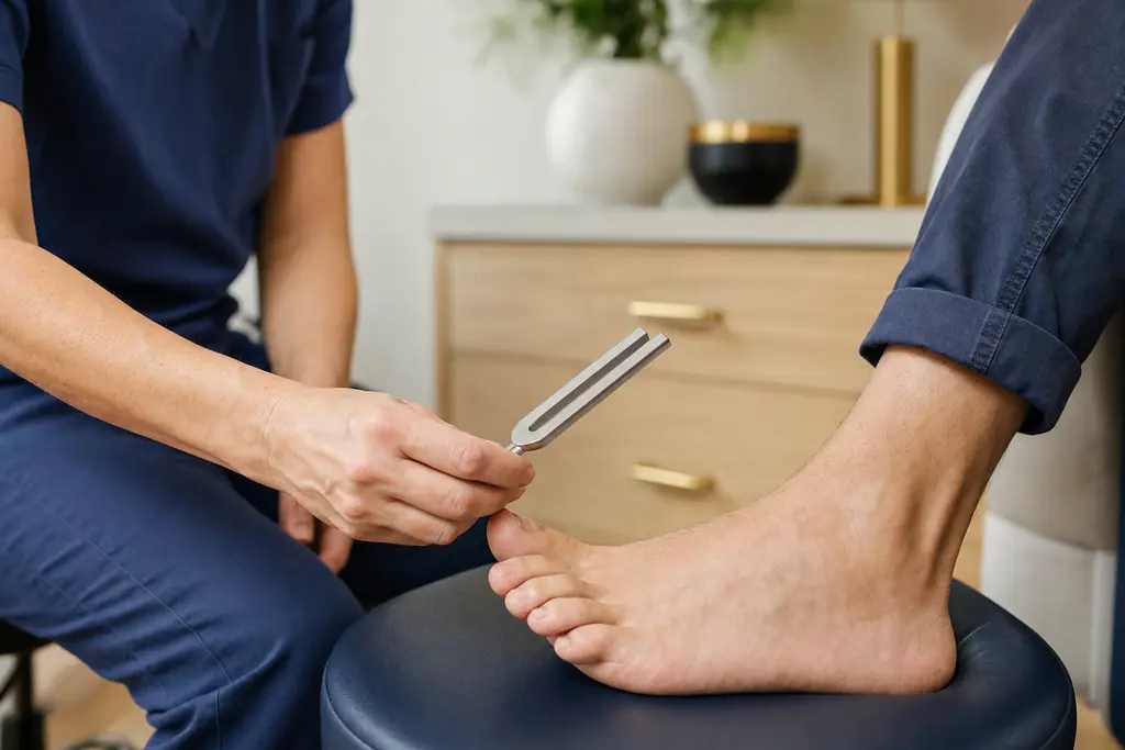 Clinician performing a sensory nerve exam on a patient’s foot