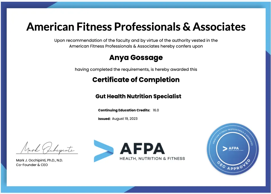 AFPA Certificate of Completion: Gut Health Nutrition Specialist