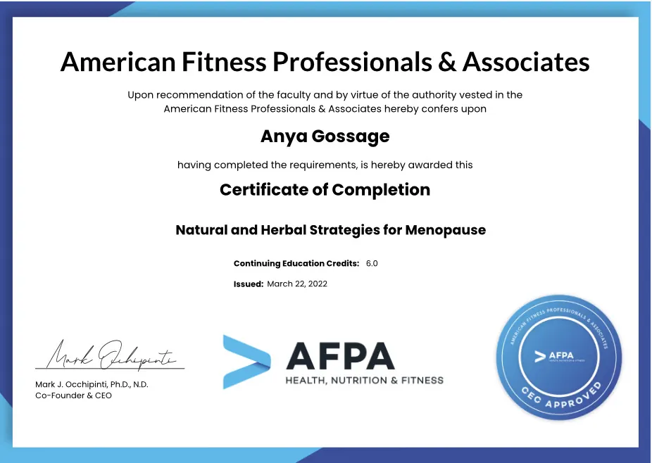AFPA Certificate of Completion: Natural and Herbal Strategies for Menopause
