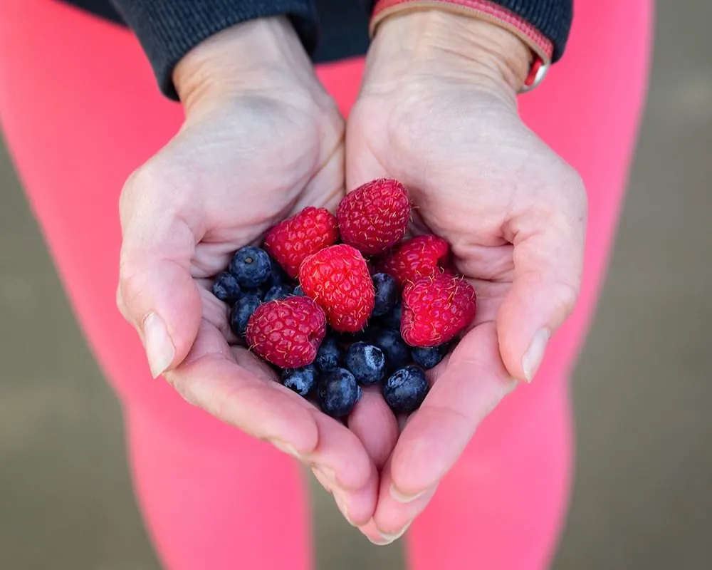 Cupped hands holding fresh raspberries and blueberries