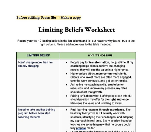 Limiting Beliefs Worksheet Template
