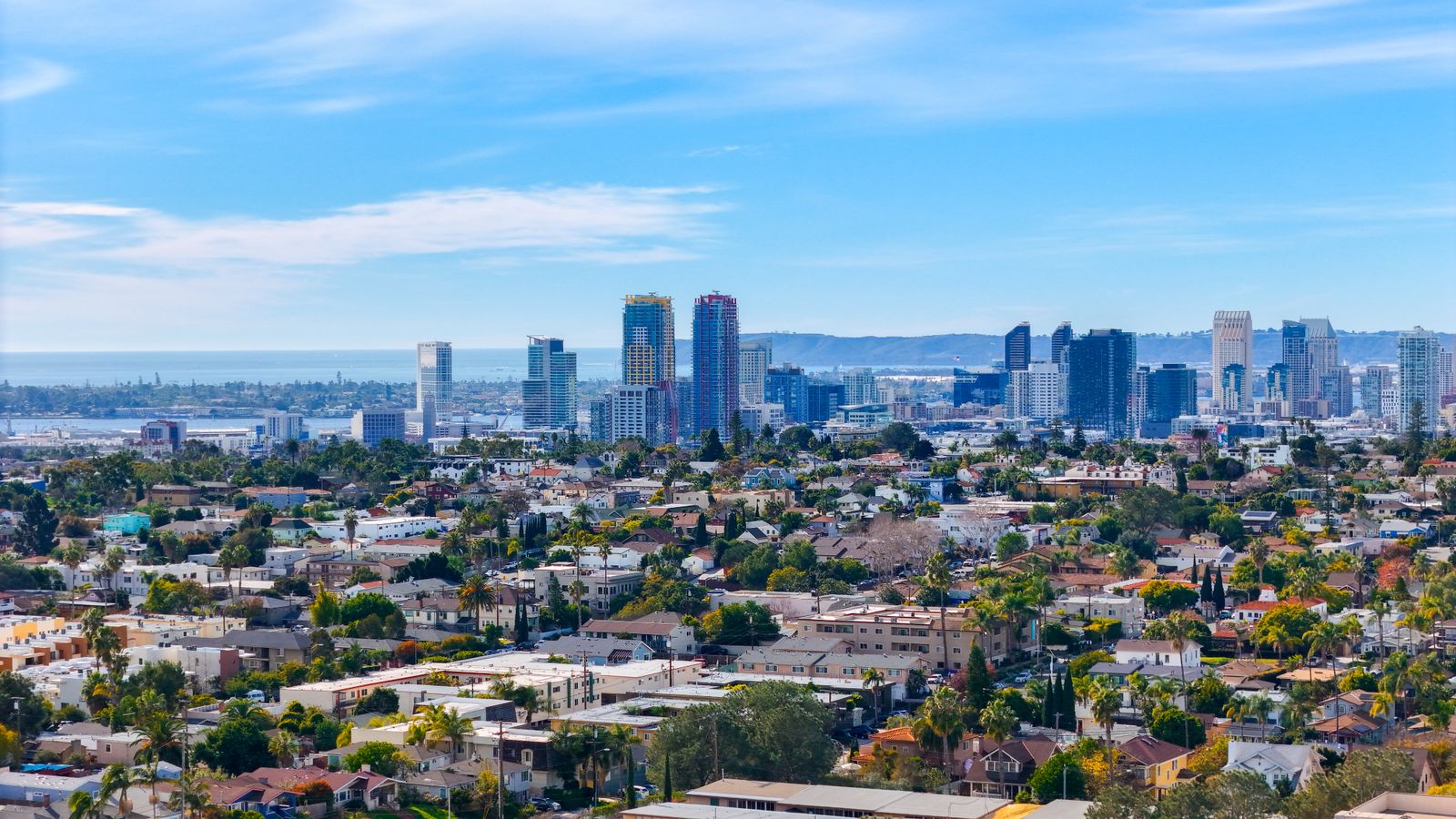 San Diego skyline and neighborhoods seen from the hills near Mission Valley