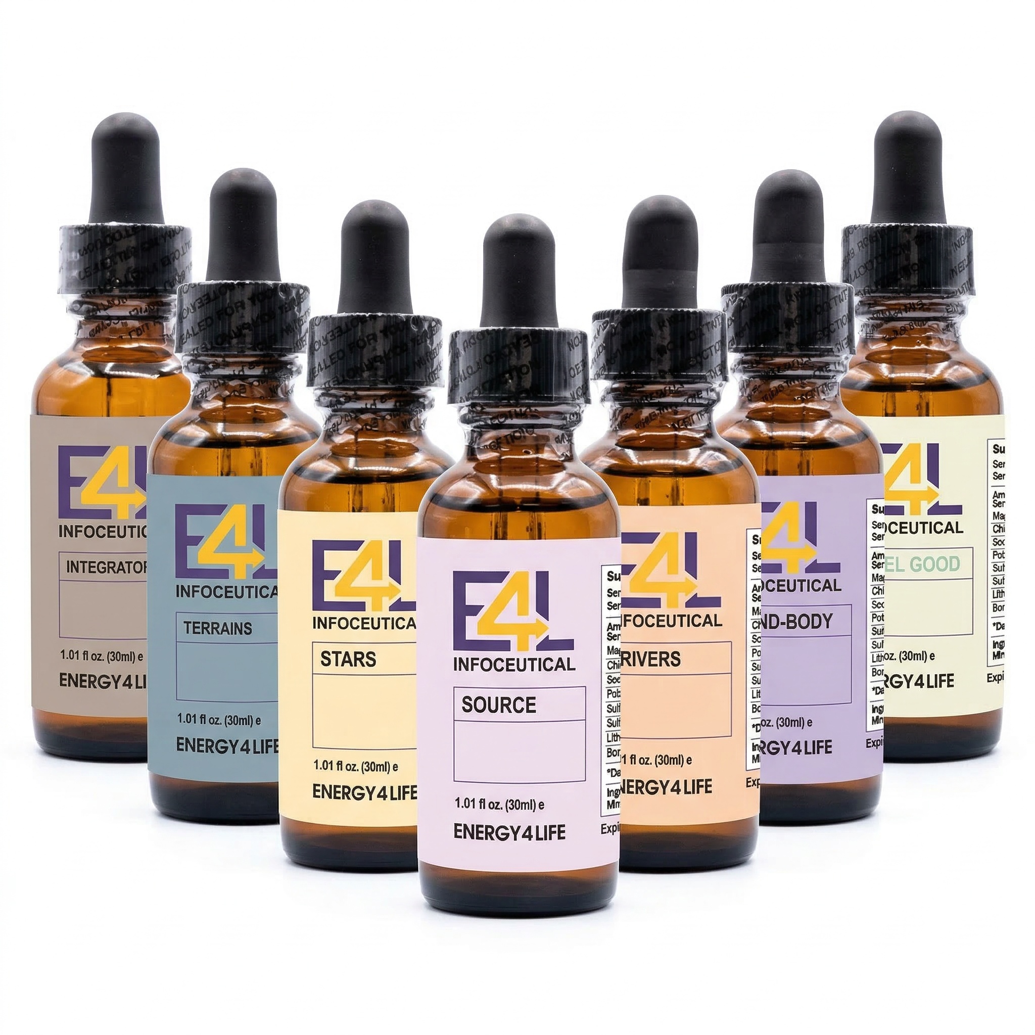 A lineup of Energy4Life Infoceutical dropper bottles