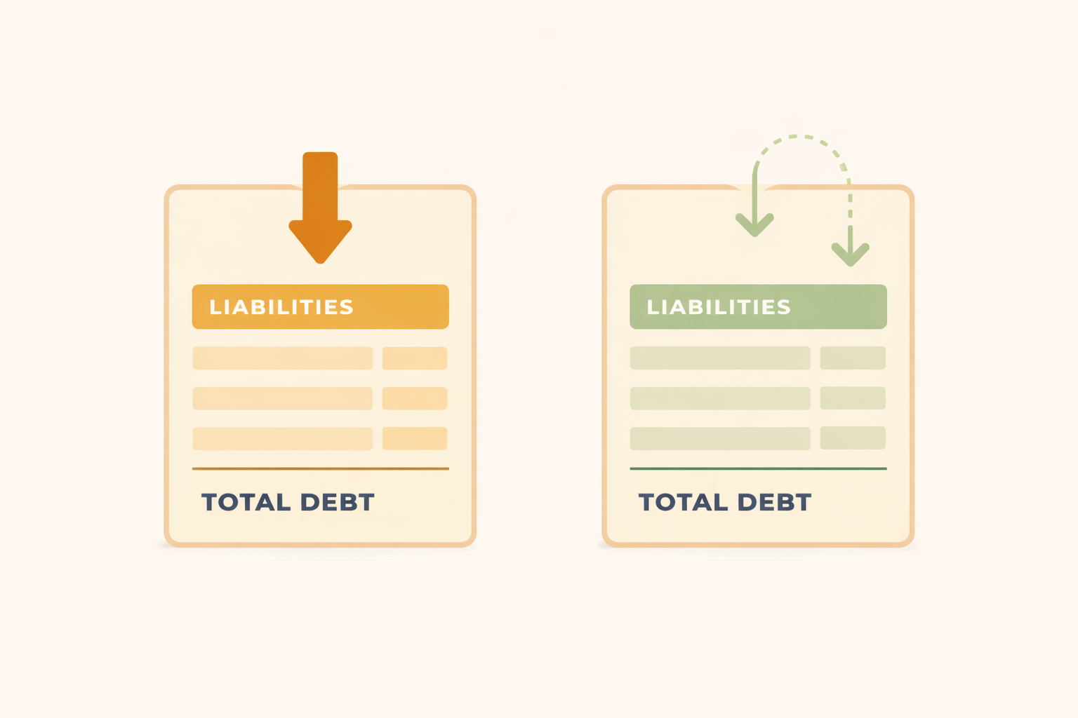 Illustration showing debt conversion from a conventional mortgage to a reverse mortgage — same total debt, payments become optional