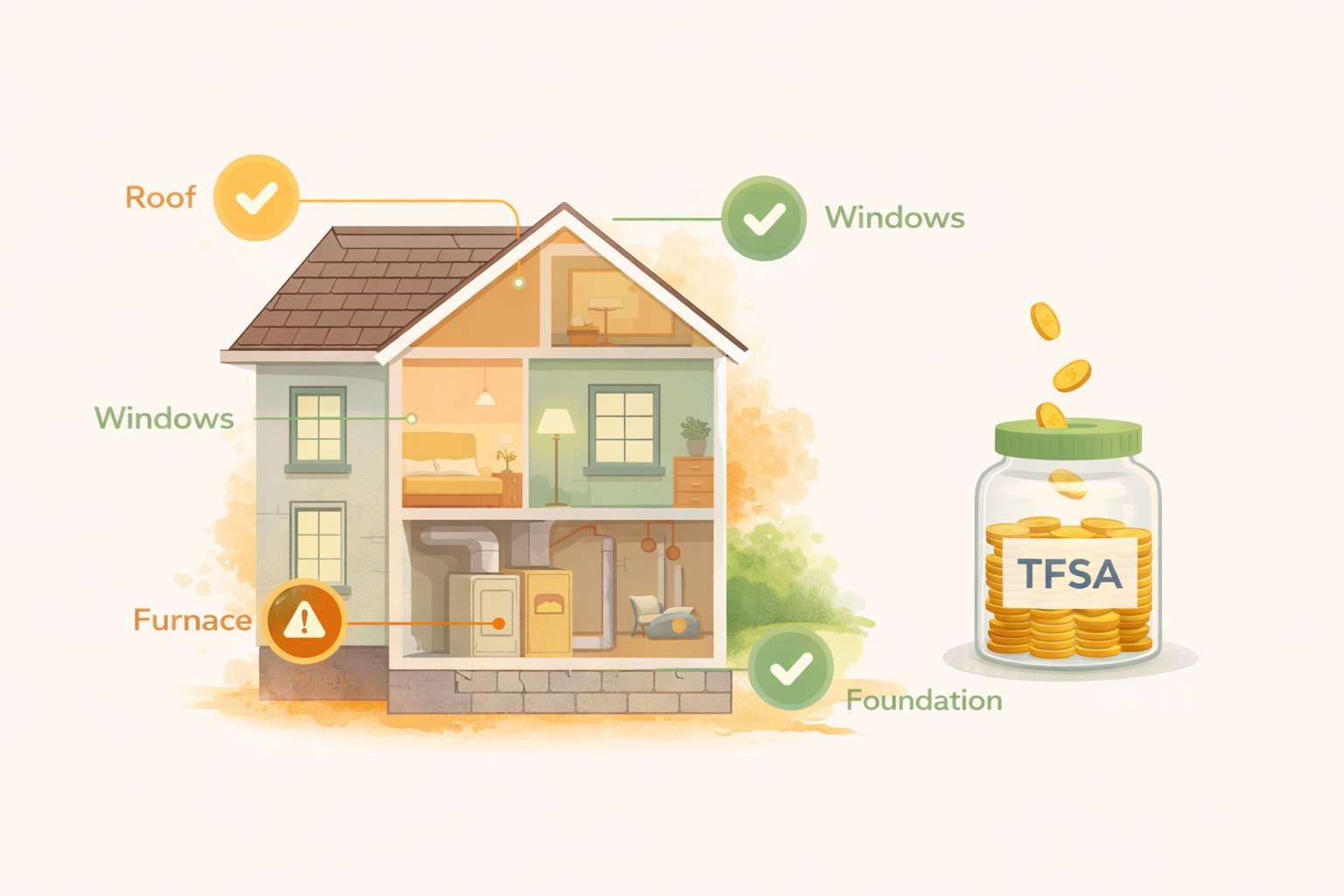 Illustration of Canadian home systems planning alongside a maintenance reserve — essential financial planning for a reverse mortgage