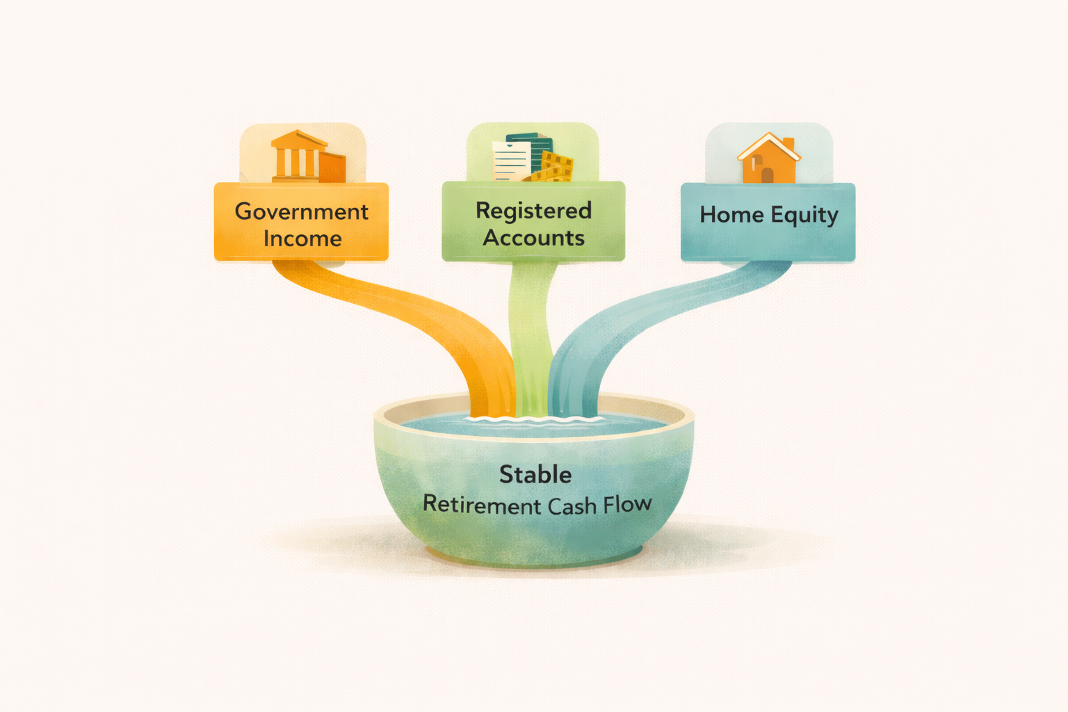 Illustration of three retirement income streams — government benefits, registered accounts, and home equity — working together Illustration of three retirement income streams — government benefits, registered accounts, and home equity — working together