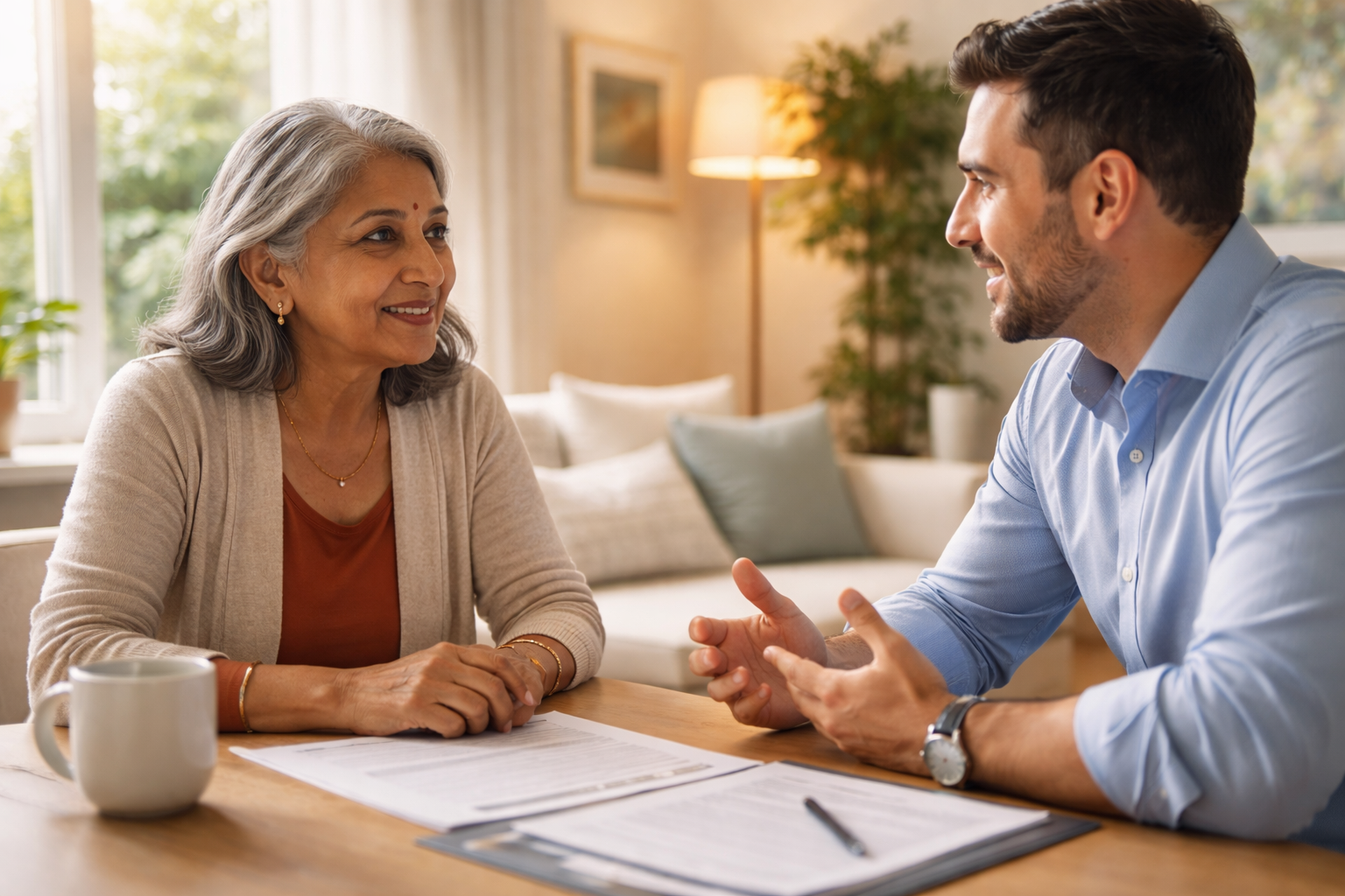 Widowed woman meeting with a mortgage broker to discuss her reverse mortgage options — a calm, informative conversation