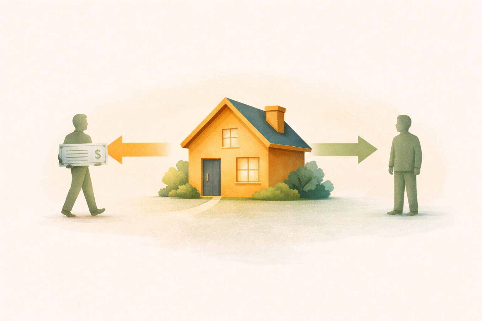 Illustration of a home equity buyout — one spouse receives their share as cash, the other stays in the home, no sale required Illustration of a home equity buyout — one spouse receives their share as cash, the other stays in the home, no sale required