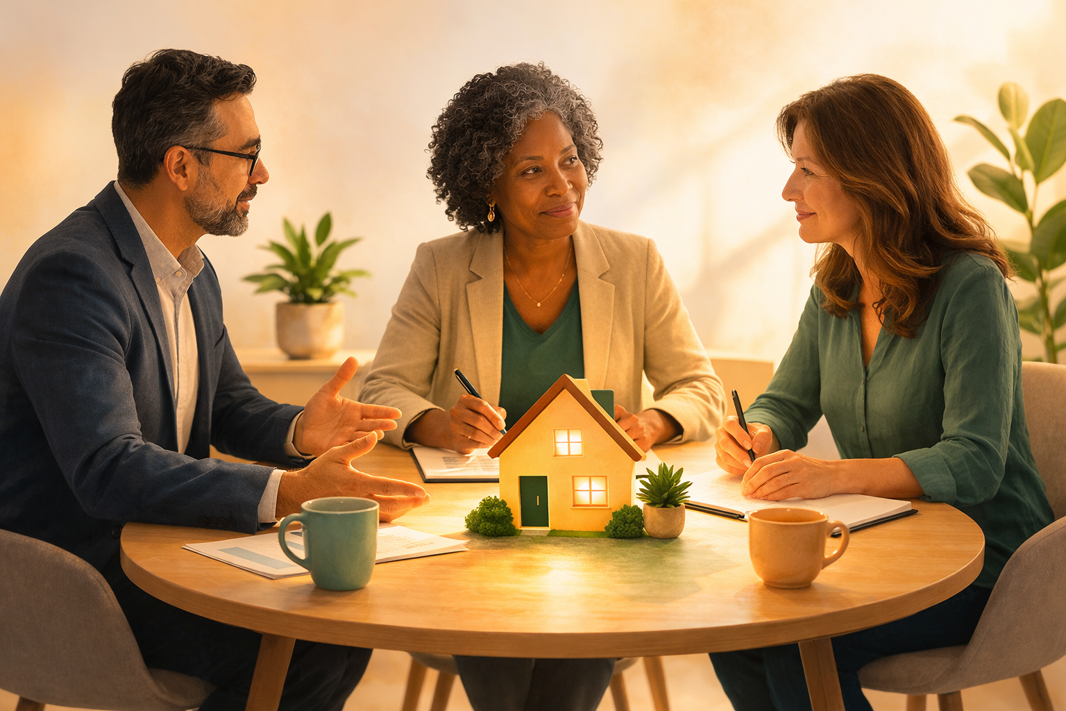 Illustration of the professional team needed for a reverse mortgage equity buyout — mortgage broker, family lawyer, and financial advisor working together Illustration of the professional team needed for a reverse mortgage equity buyout — mortgage broker, family lawyer, and financial advisor working together