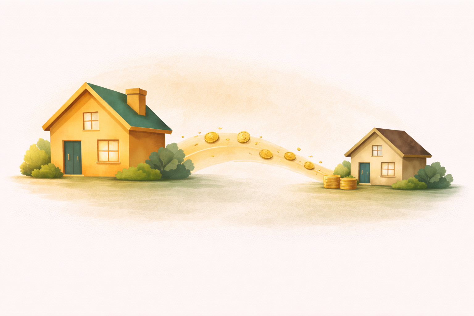 Illustration showing home equity flowing from a parent's property to fund a child's first home purchase — the giving while living concept